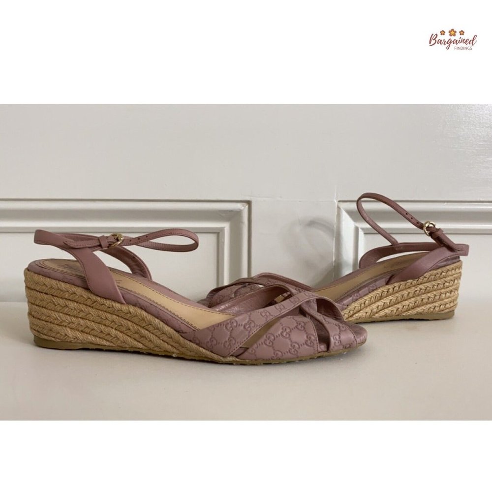 Authentic GUCCI Pink Micro-Guccissima Leather Wedge Espadrille Sandals 38.5/8.5 - Picture 10 of 14